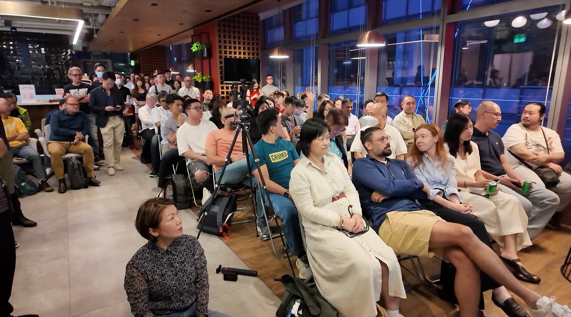 Packed audience watching the Lunatechs AI video talks at The Hive Causeway Bay